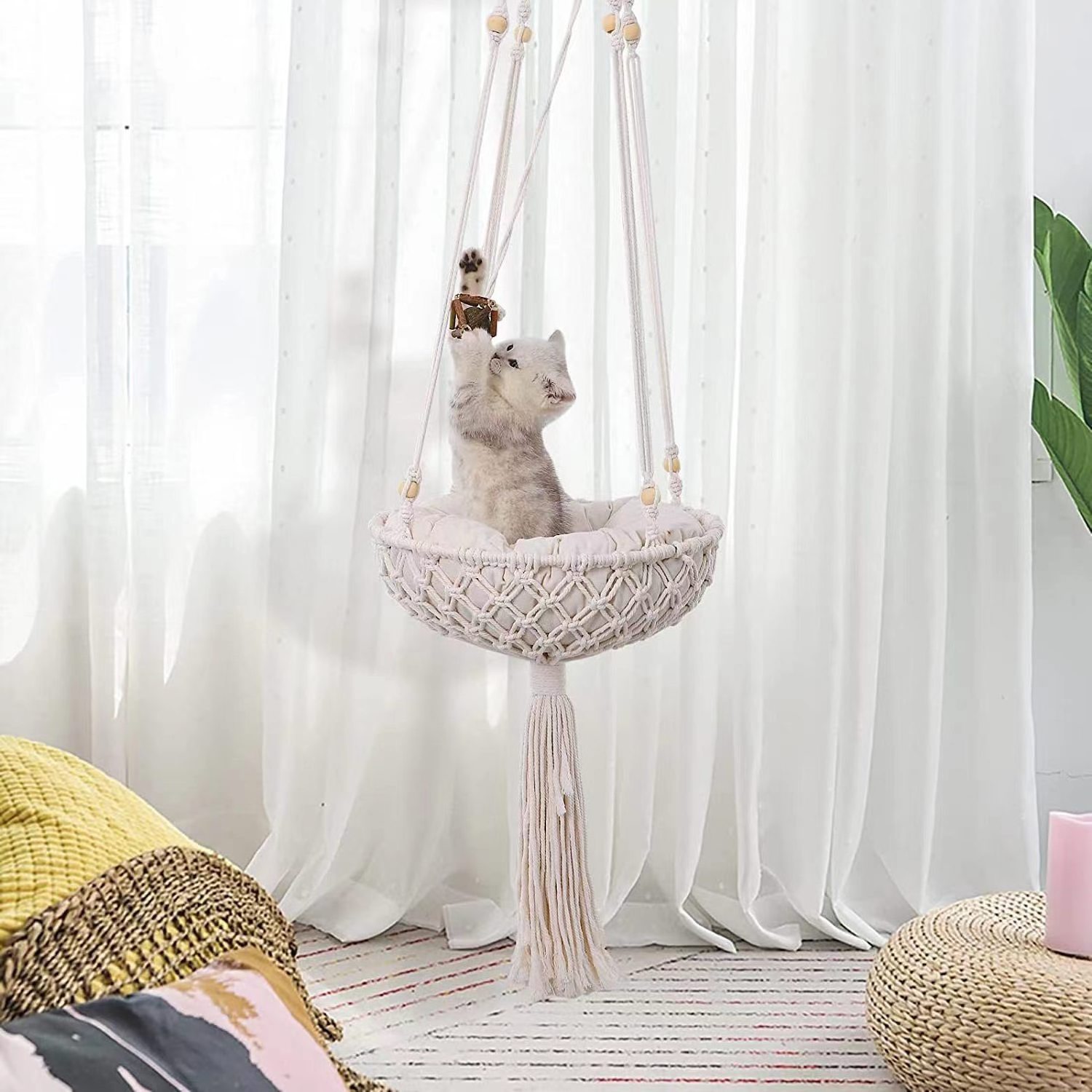 Cat Hammock Handwoven Cat Swing Bed Wall Hanging Window Perch with Washed Cotton Mat & Tassel Basket Tapestry for Indoor Cats