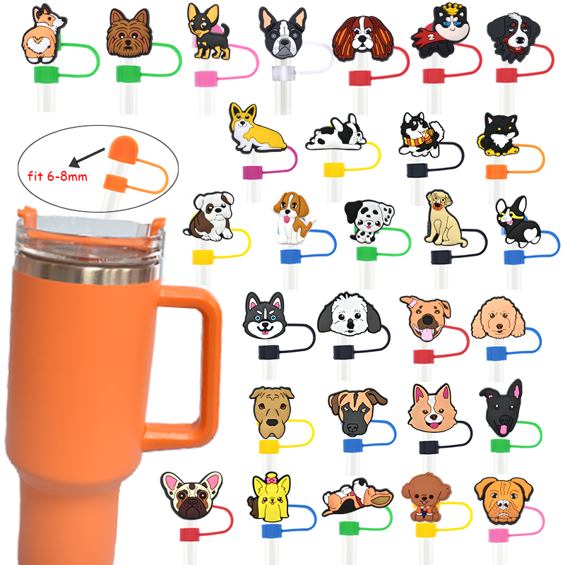 6-8mm Wholesale Kawaii Dog Straw Charms Animal Silicone Straw Toppers for Tumbers Wholesale Pet Cute Free Opp Bag Provided