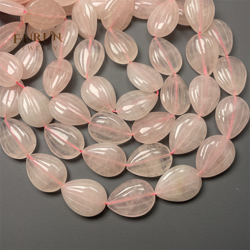 Natural pink rose quartz engraved flat drop pendant 18x25mm String Beads, Carved Pear Loose Beads Gemstone  Sunflower Seed