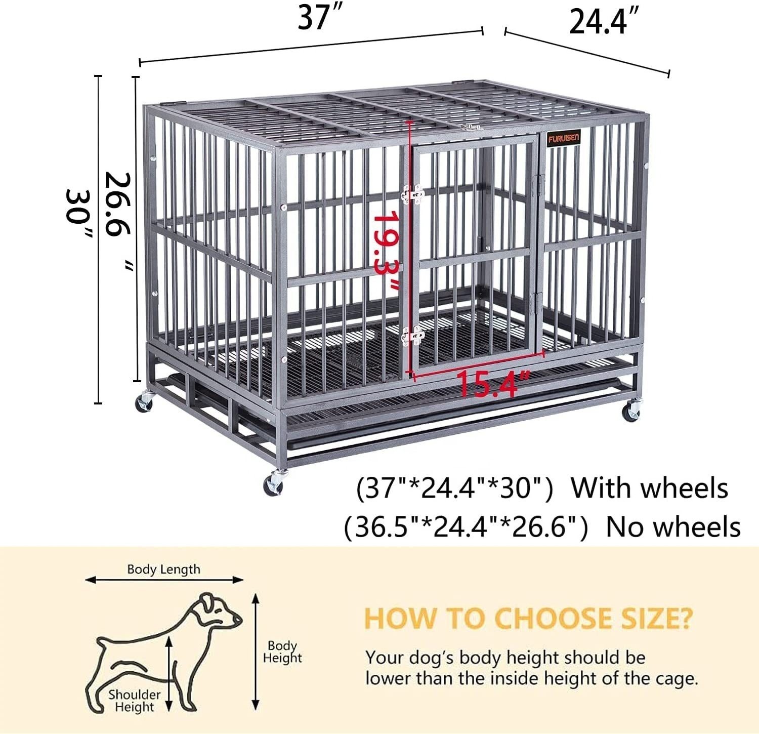 37 inch Stackable Open Top Heavy Duty Dog Crate Cage for Medium Dog with Wheels and Removable Tray