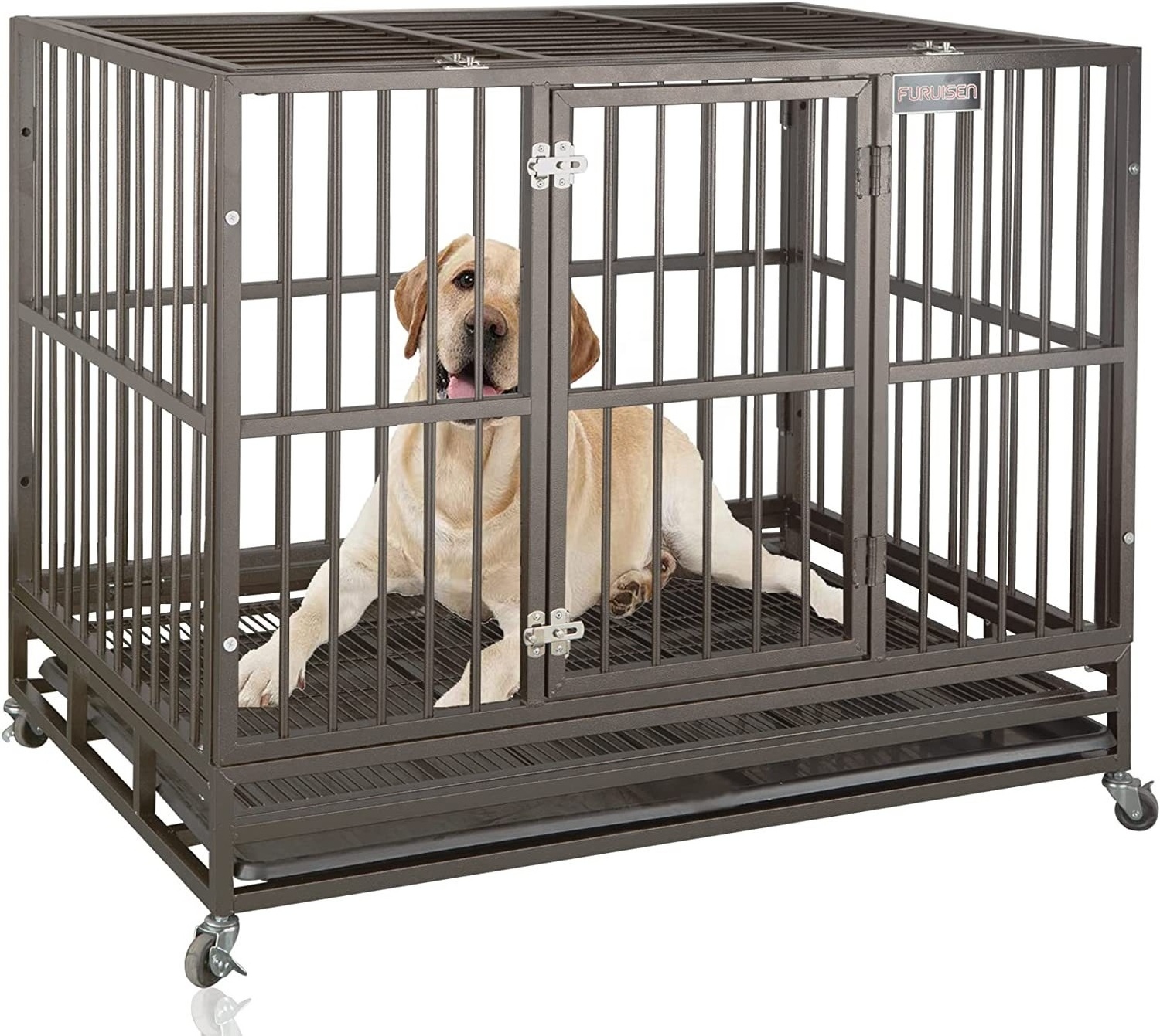 37 inch Stackable Open Top Heavy Duty Dog Crate Cage for Medium Dog with Wheels and Removable Tray