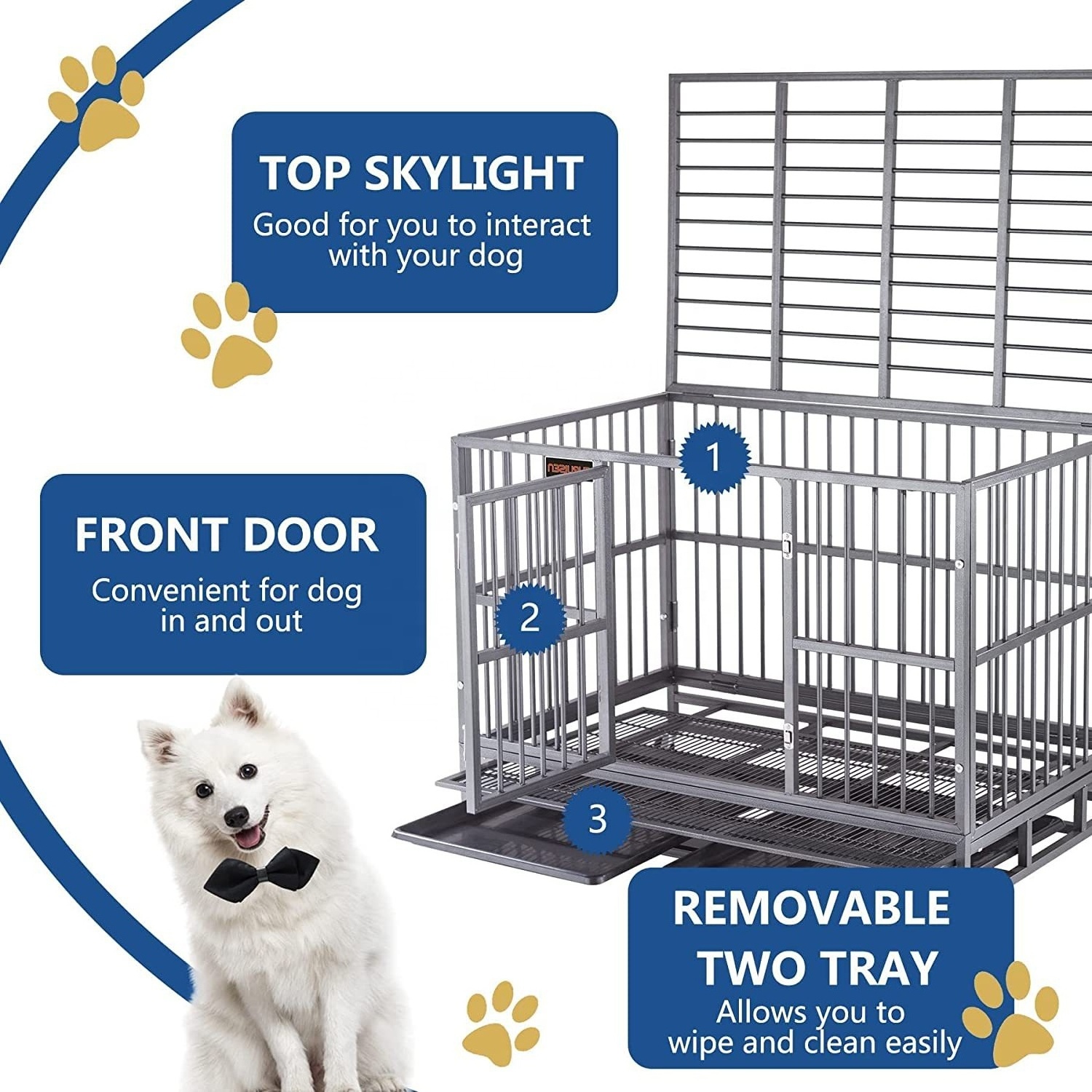 37 inch Stackable Open Top Heavy Duty Dog Crate Cage for Medium Dog with Wheels and Removable Tray