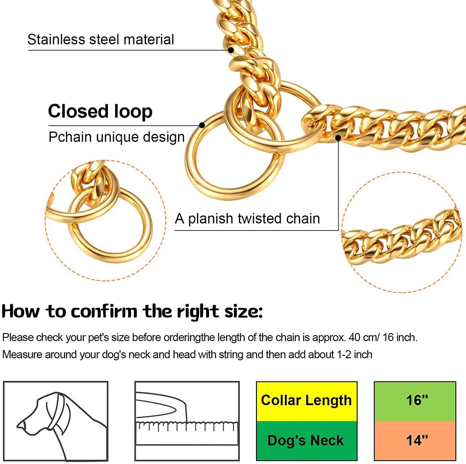 Hot Selling 10mm Cool Gold Stainless Steel Dog Necklace P Chain Collar for Large Dog