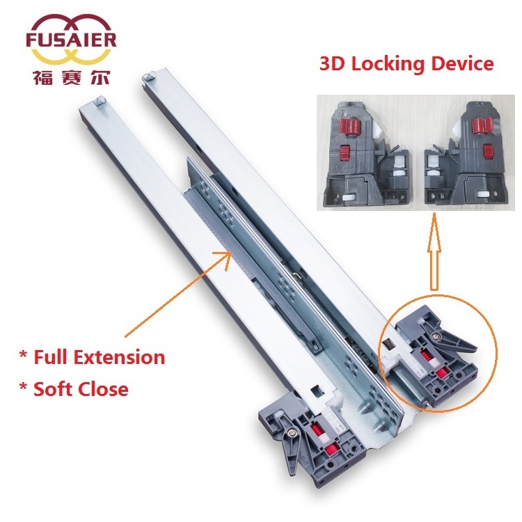 Fusaier Factory full extension  under mount soft close push open rebound concealed dtc drawer slides with  2D 3D Locking handle