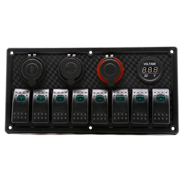 Waterproof Marine Boat 8 Gang Rocker Switch Panel with Dual USB charger + Cigarette Lighter +Voltmeter