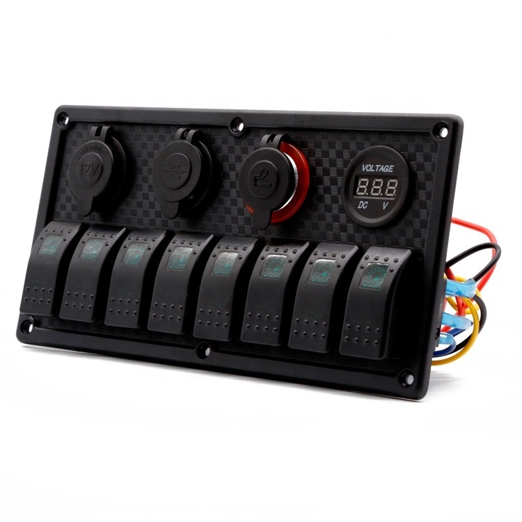 Waterproof Marine Boat 8 Gang Rocker Switch Panel with Dual USB charger + Cigarette Lighter +Voltmeter