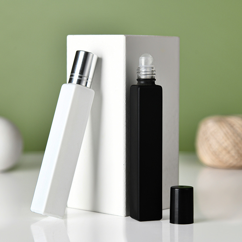 10ml Glass Roll On Bottles Square Round Matte Black White Transparent Essential Oil Perfume Bottle with Stainless Steel Roller