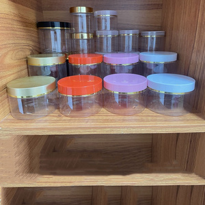 Transparent PET Plastic Jars Cosmetic Pots with Colorful lid with gold line for Lotion Body Butter Cream 250ml 300ml 500ml