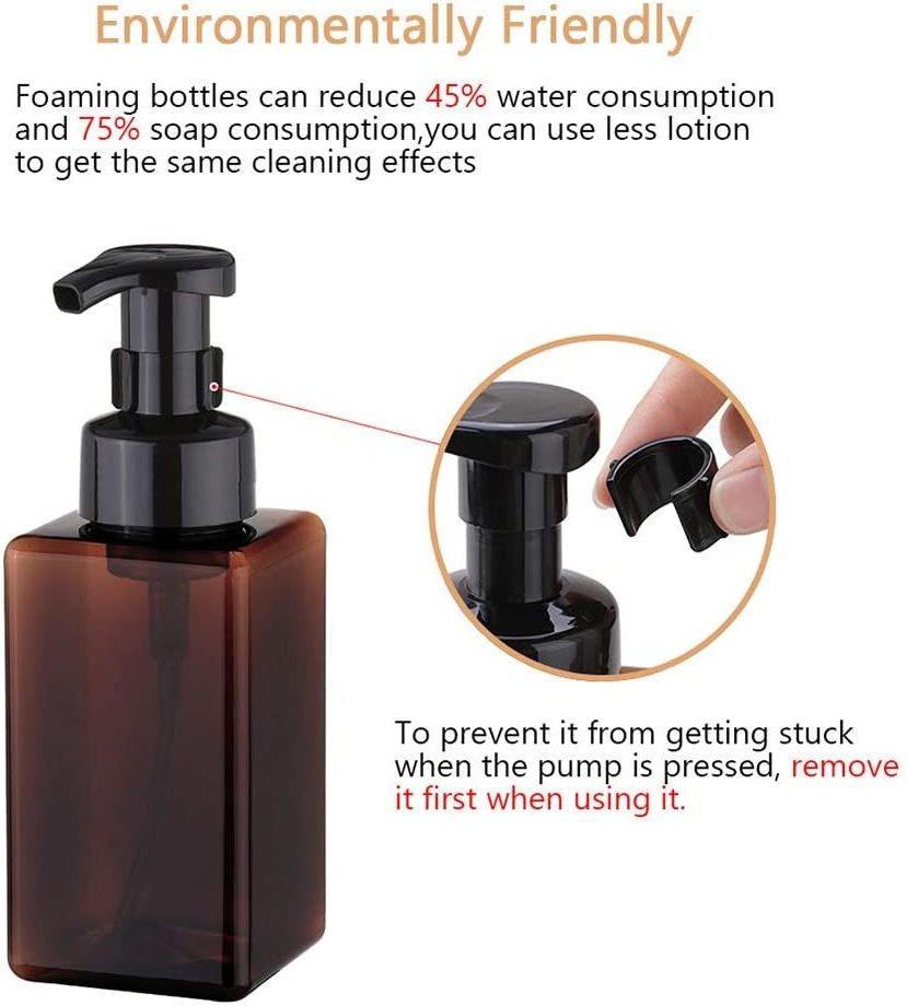 Square Foaming Soap Dispenser 450ml 15oz Amber Refillable Plastic Foam Pump Bottle for Liquid Soap Shampoo Body Wash