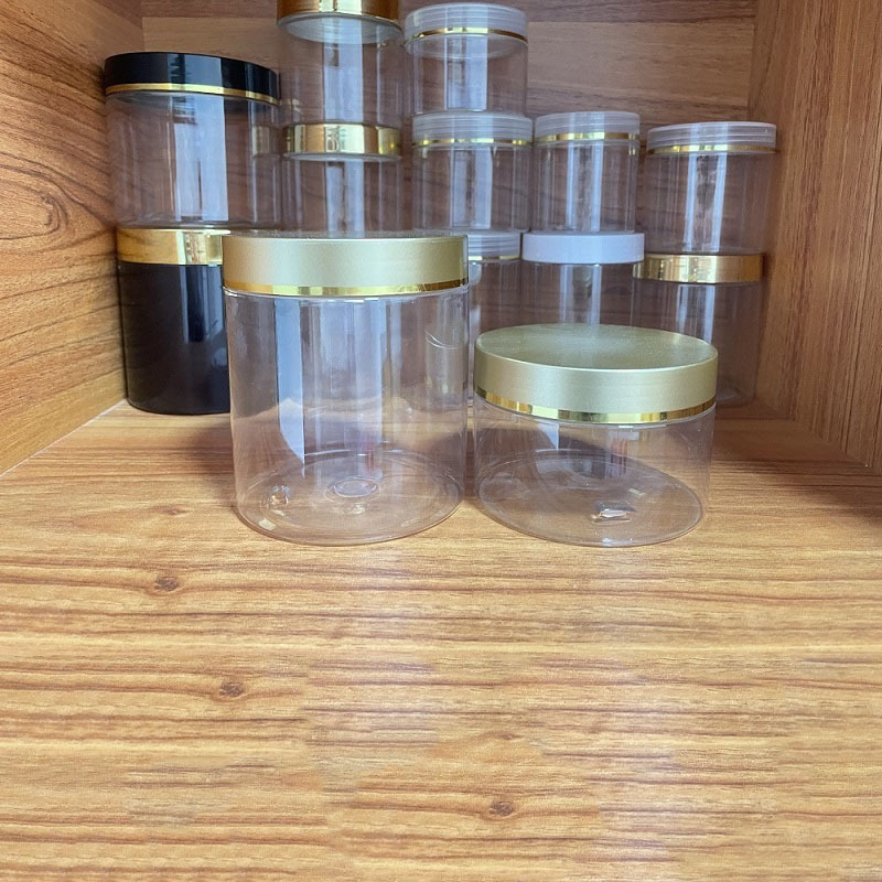 Transparent PET Plastic Jars Cosmetic Pots with Colorful lid with gold line for Lotion Body Butter Cream 250ml 300ml 500ml