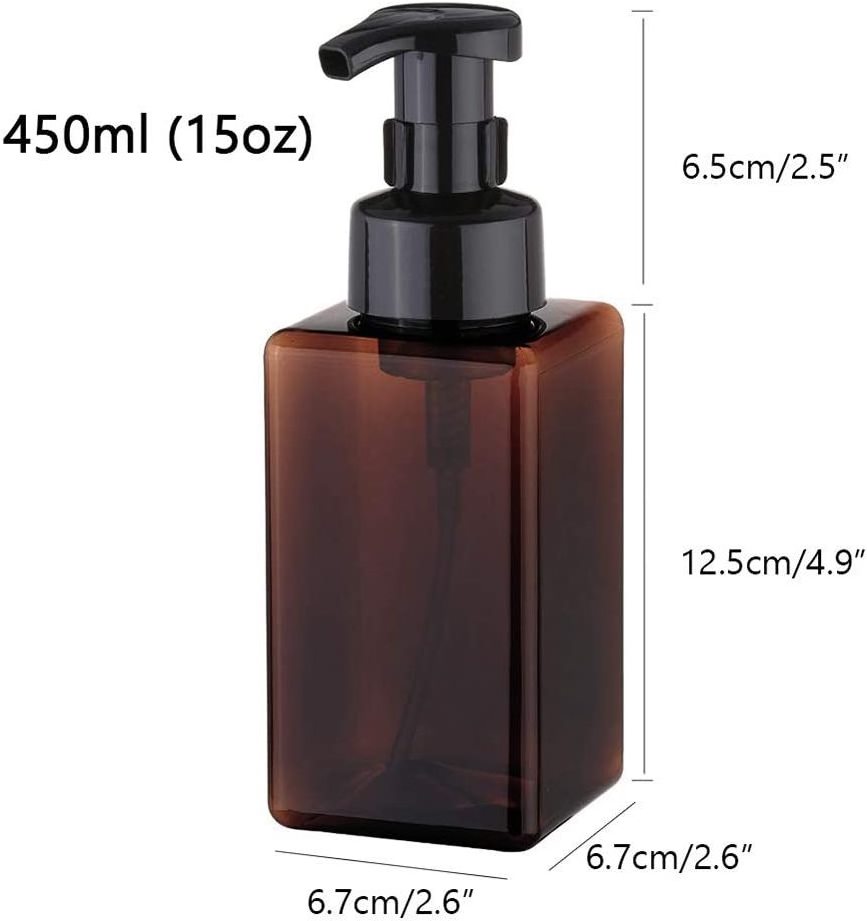 Square Foaming Soap Dispenser 450ml 15oz Amber Refillable Plastic Foam Pump Bottle for Liquid Soap Shampoo Body Wash