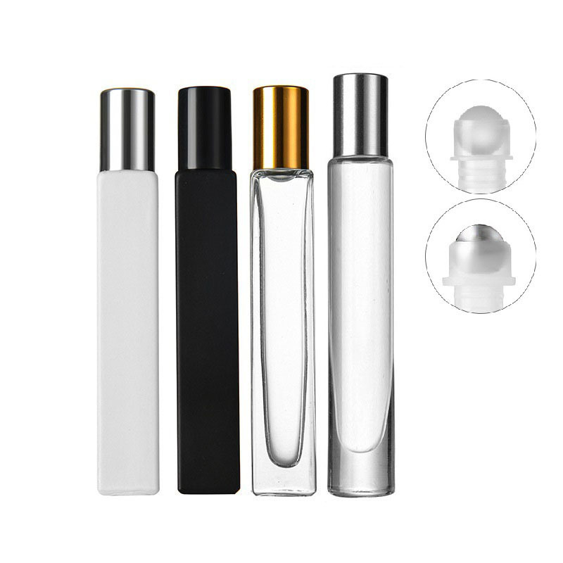 10ml Glass Roll On Bottles Square Round Matte Black White Transparent Essential Oil Perfume Bottle with Stainless Steel Roller