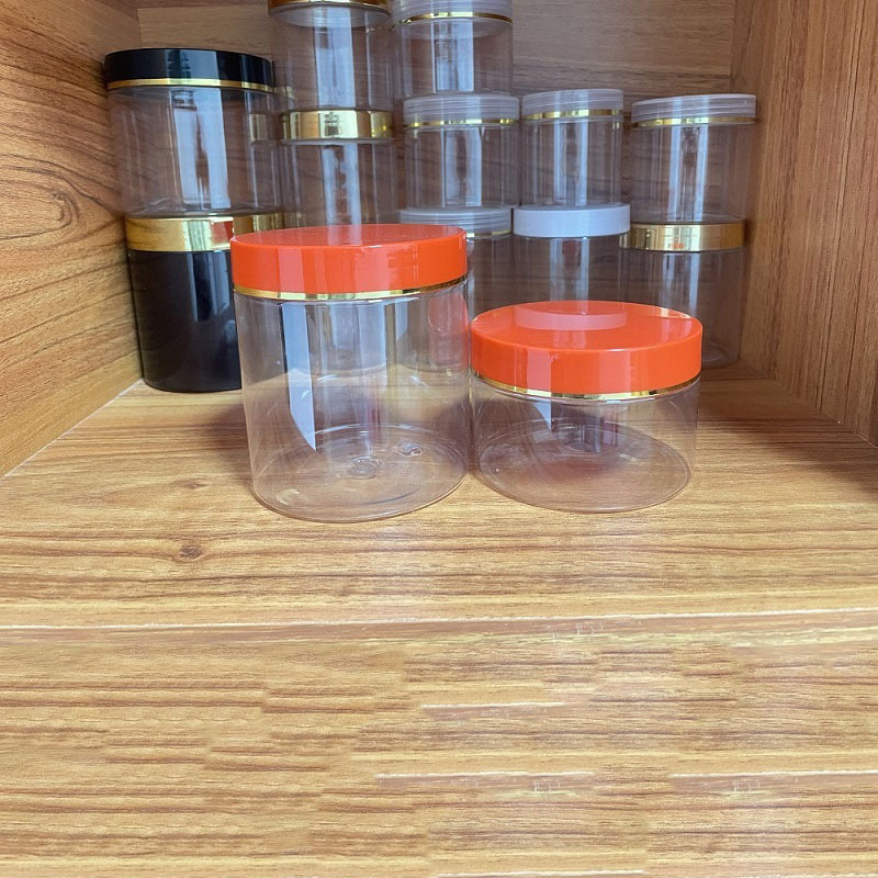 Transparent PET Plastic Jars Cosmetic Pots with Colorful lid with gold line for Lotion Body Butter Cream 250ml 300ml 500ml