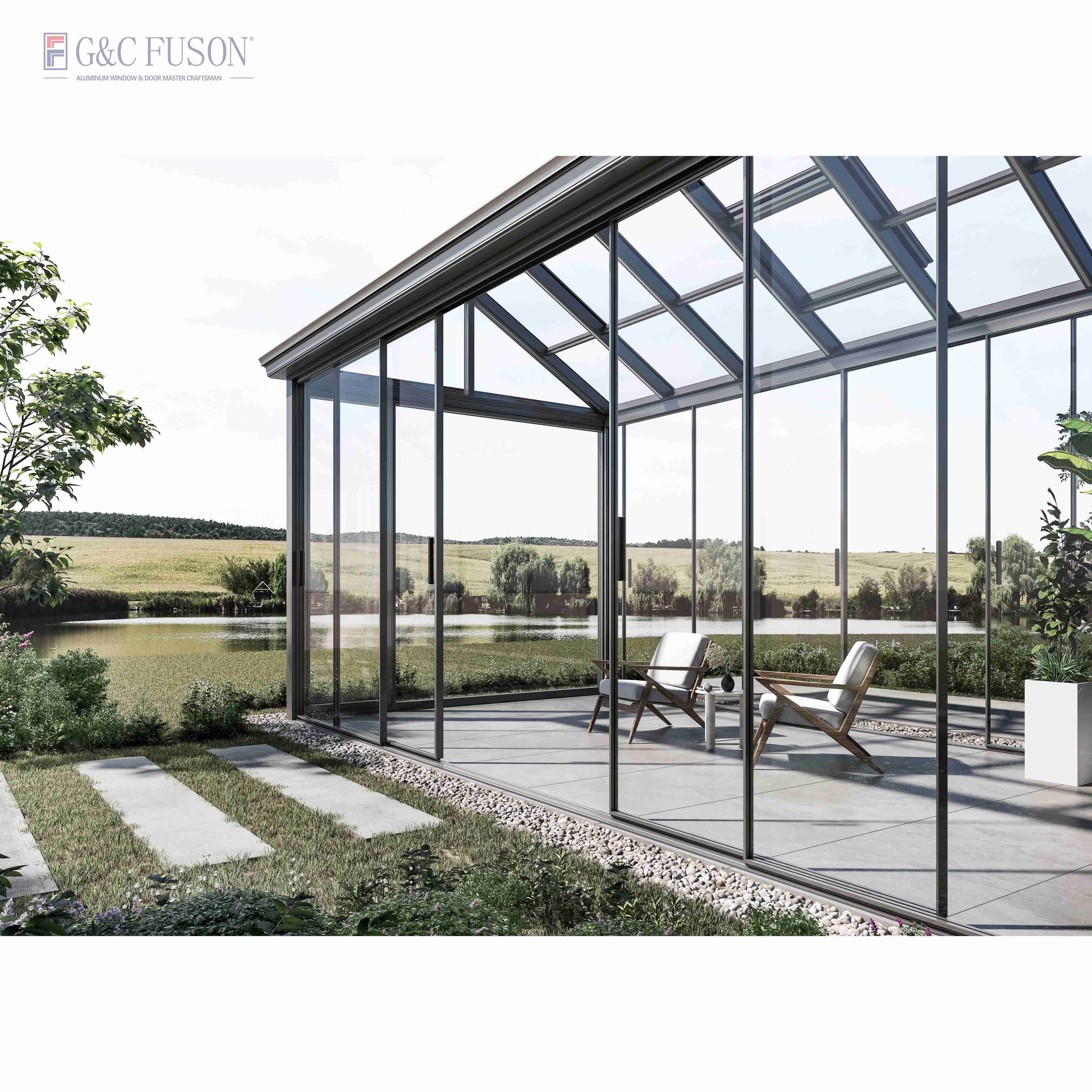 Fuson Garden Veranda Aluminium Outdoor Tiny Sunrooms Glass House Prefabricated Glass House 4 Season Sunroom