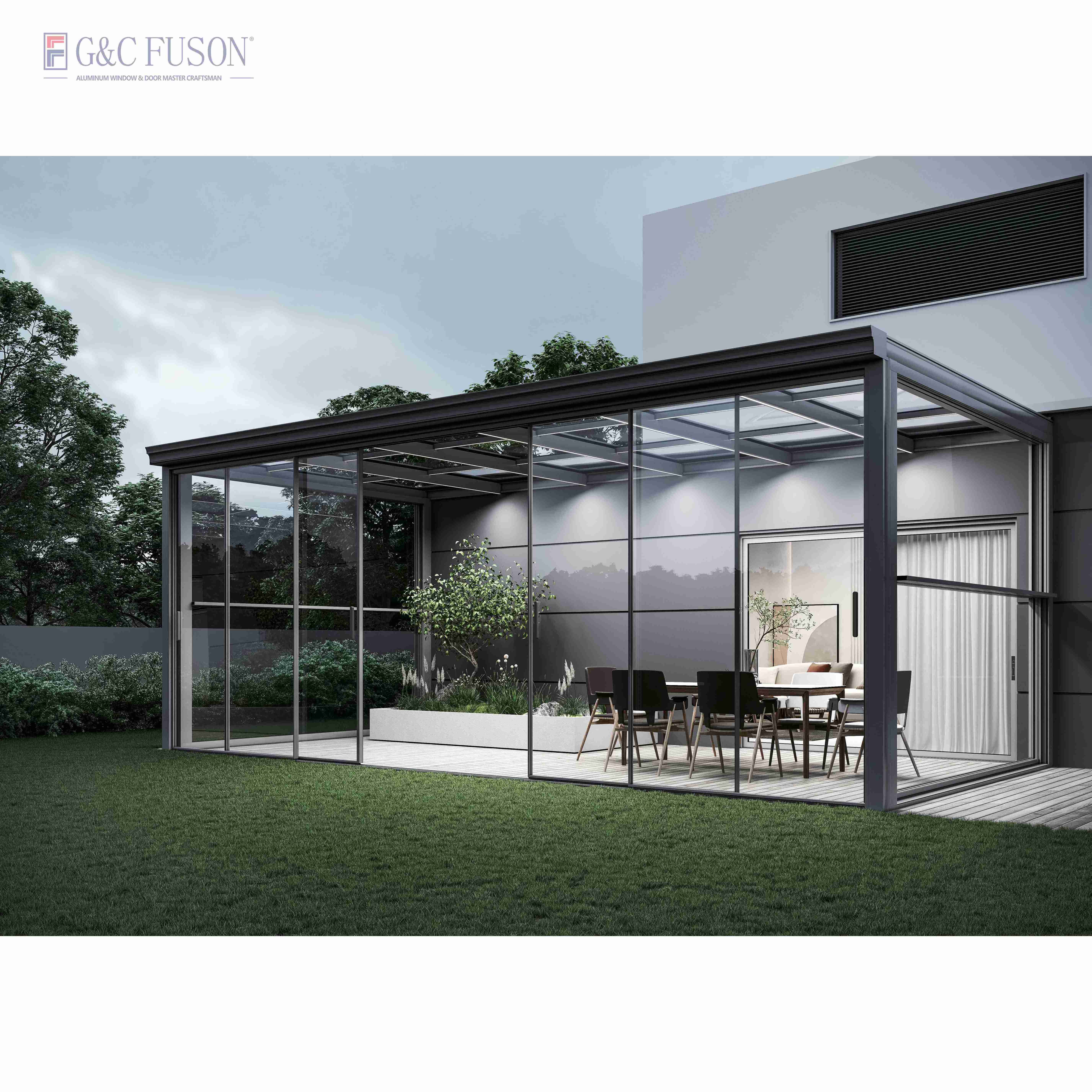 Fuson Modern Outdoor Aluminium Pergola Motorized Sunrooms Glass Houses For Balcony Aluminum Frame Free Standing Prefab Sunroom