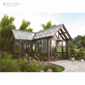 Fuson Luxury Modern Prefabricated Conservatory Aluminum Frame Glass House Wood Grain Custom Color Winter Garden Sunrooms