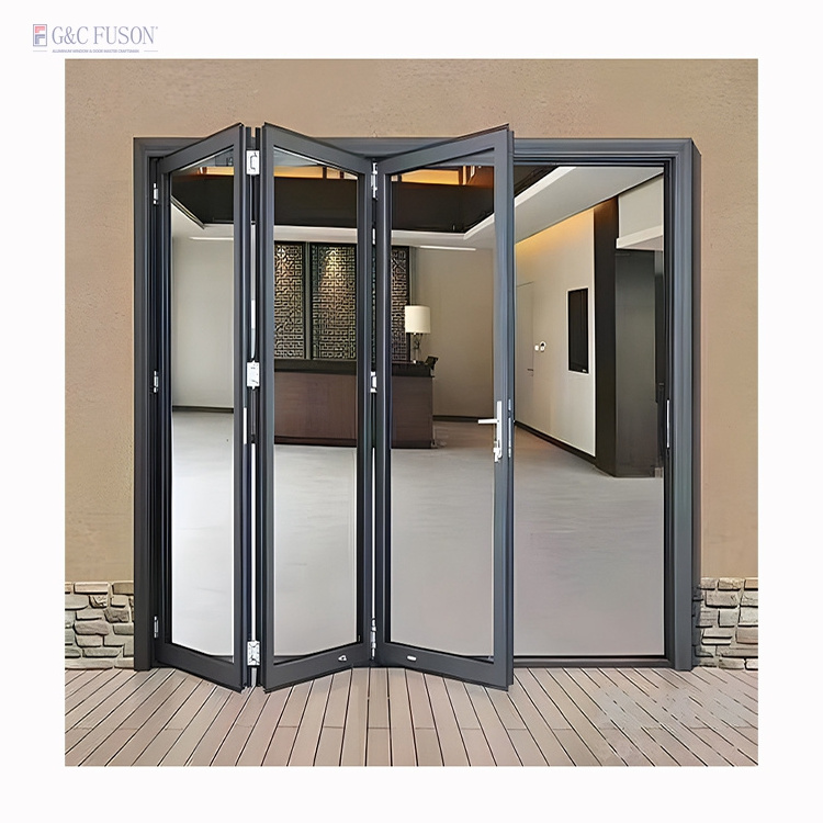 Fuson Exterior Patio Soundproof Glass Folding Door Adjustable Aluminum Folding Doors Glass Sliding Patio Bi Folding Door