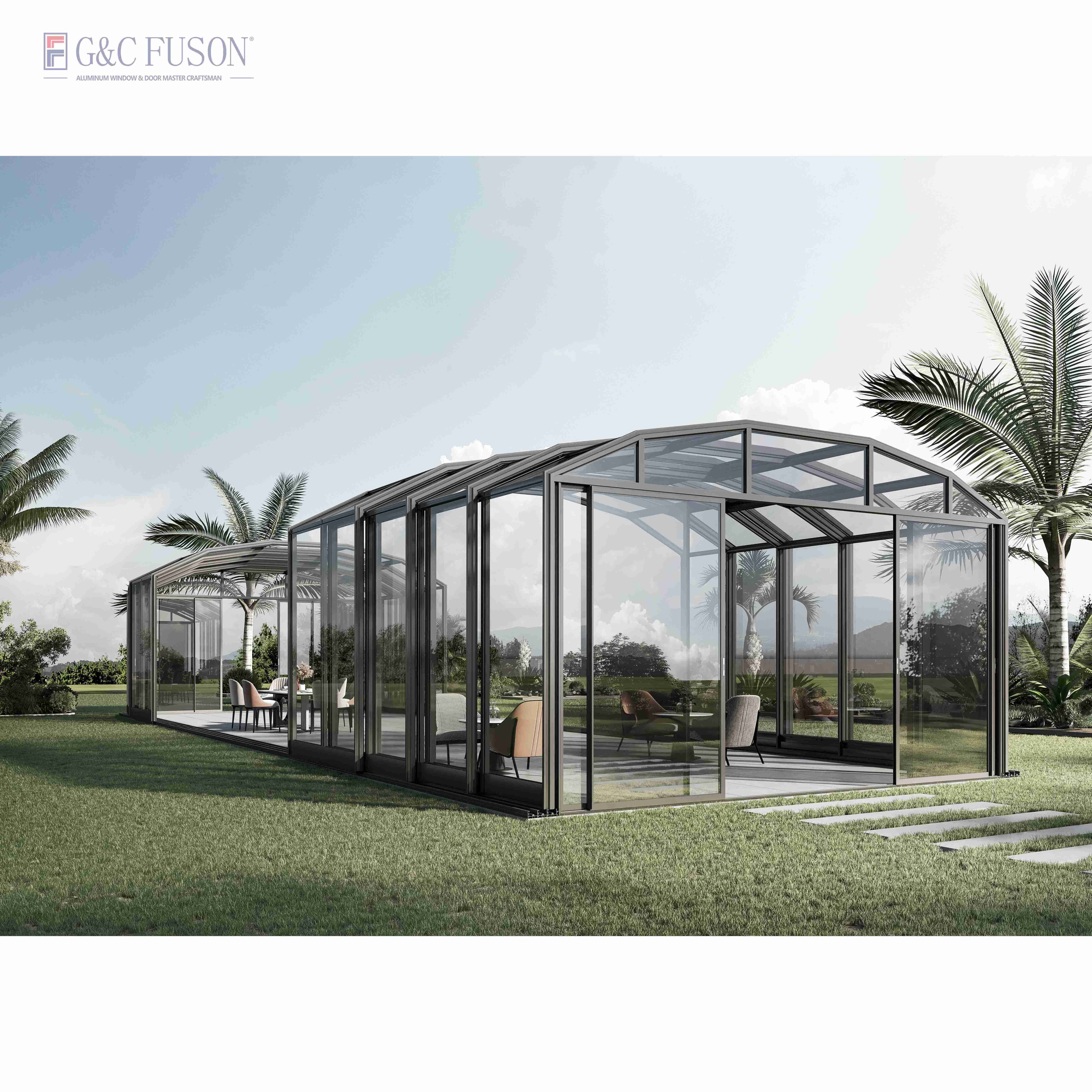 Fuson Garden Veranda Aluminium Outdoor Tiny Sunrooms Glass House Prefabricated Glass House 4 Season Sunroom