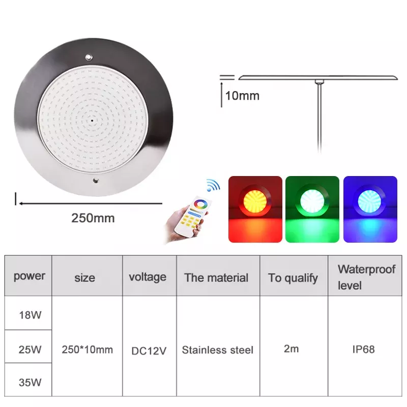 Remote Control Thin   304/316 Stainless Steel RGB IP68 Waterproof LED Swimming Pool Underwater LED Light