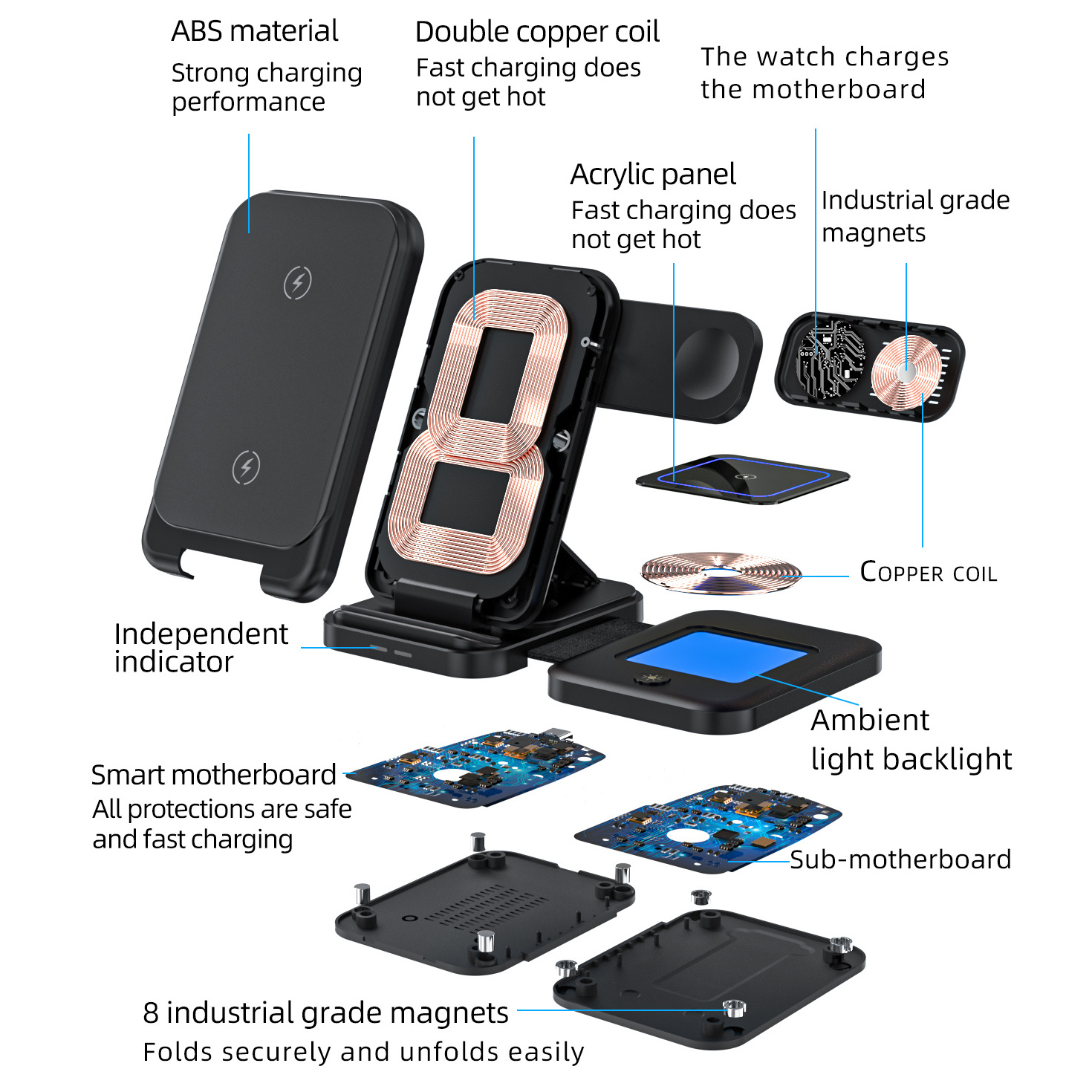 Desk Quick Charging Custom Logo Support Qi Fast Charging Induction Mobile Phone Foldable 15W Magnetic 3 In 1  Wireless Charger