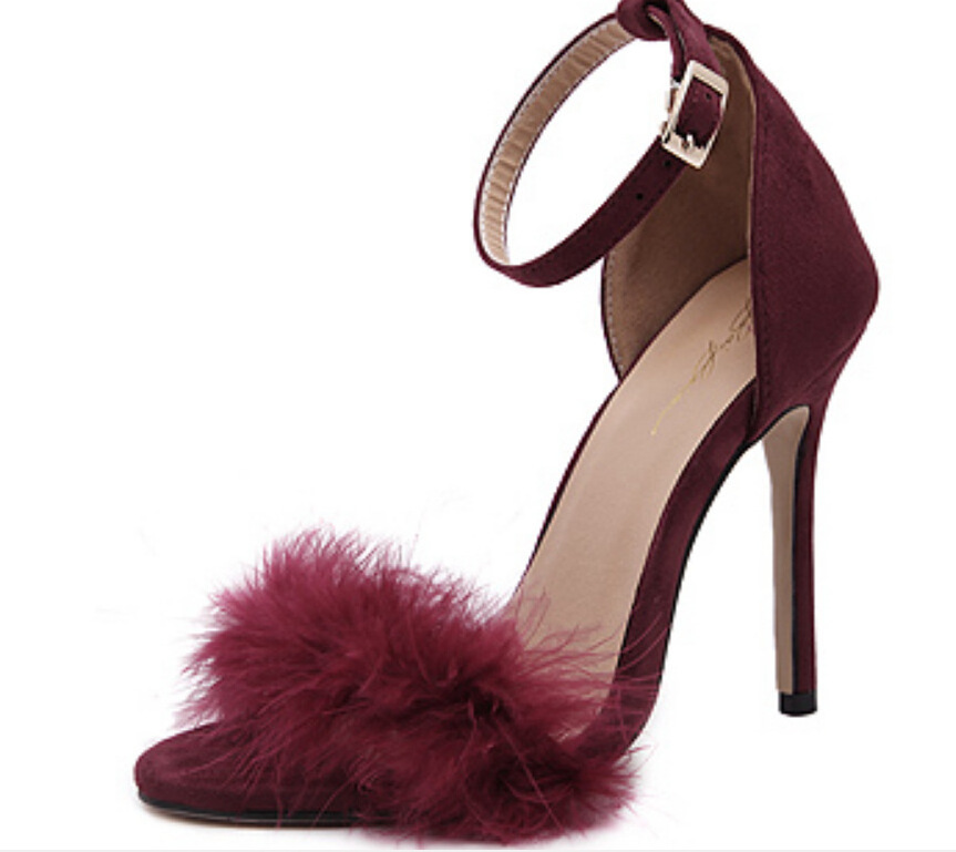 Sandalias Para Mulher European Trendy Fashion Feather Stiletto High Heels Women Faux Fur Sandals