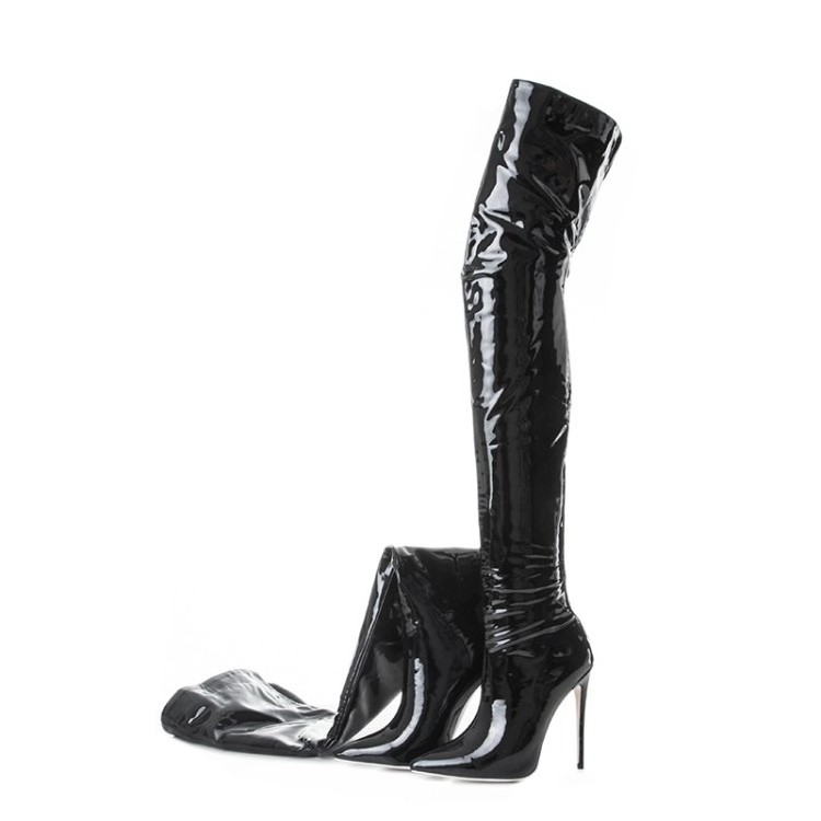 Botas Dama Roman Style Black Leather Women Fall Over the Knee Stiletto Heel Thigh High Boots for Ladies