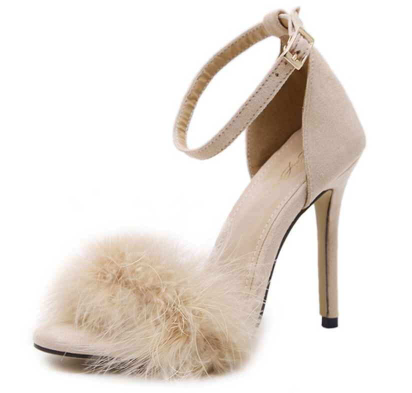 Sandalias Para Mulher European Trendy Fashion Feather Stiletto High Heels Women Faux Fur Sandals