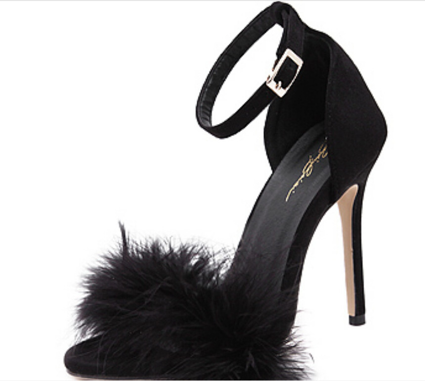 Sandalias Para Mulher European Trendy Fashion Feather Stiletto High Heels Women Faux Fur Sandals