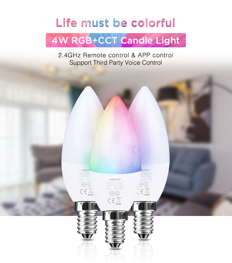 FUT108 E14 LED Candle Bulb Dimmable 4W RGB+CCT AC100/240V 300Lumens 2700K~6500K Color Temperature MiLight Remote Control