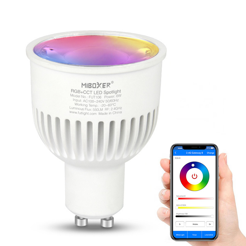 2.4G WiFi Smart LED Light Spotlight FUT106 Milight Compatible with Alexa and Google Home RGBCW Multi-Color 6W GU10 Bulb