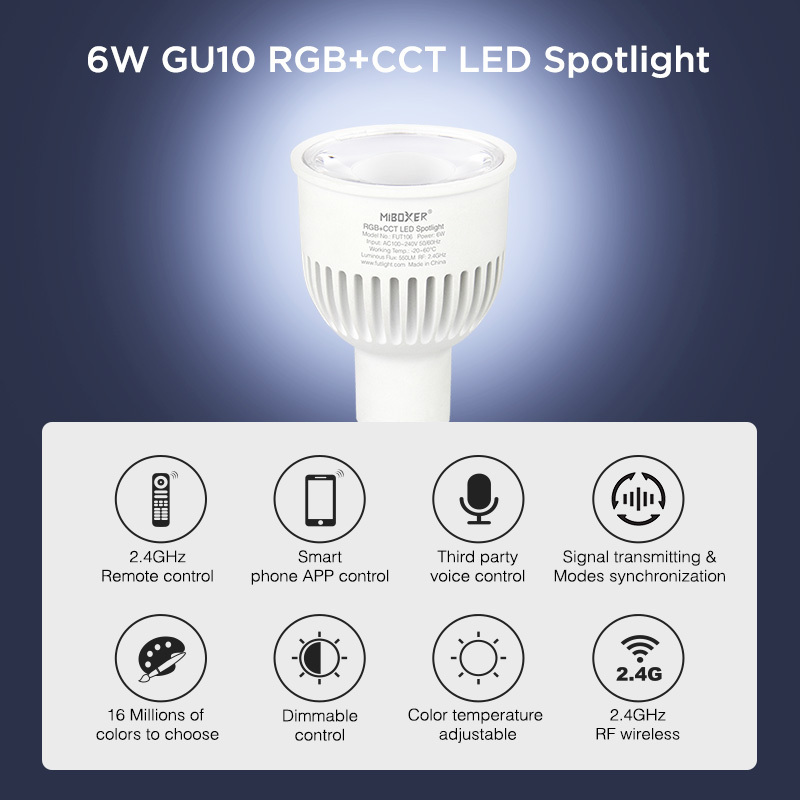 2.4G WiFi Smart LED Light Spotlight FUT106 Milight Compatible with Alexa and Google Home RGBCW Multi-Color 6W GU10 Bulb