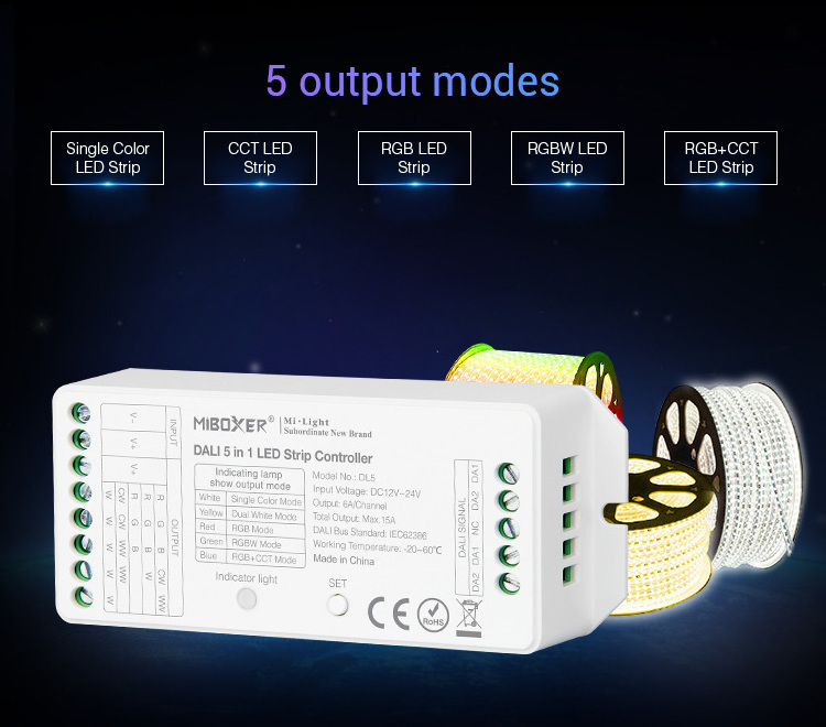 DC12-24V Constant Voltage 6Ax5CH DALI LED Dimming Driver DL5 360W RGB/RGBW/CCT/RGBCW 5 Output Modes Dimmer