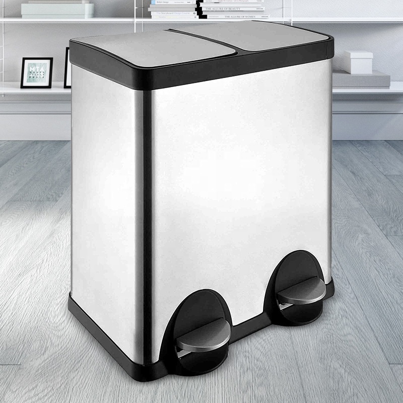 Stainless Steel Foot Pedal Recycling Bins Rectangular Dual Compartment trash can 40L/15.5 Gallon