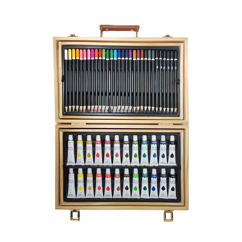 GF High Quality Deluxe 127pcs Wood Art Kit Portable Coloring Drawing Water Color Paint Wooden Art Set For Kids