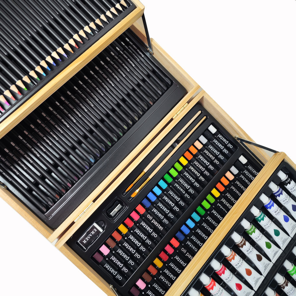 GF High Quality Deluxe 127pcs Wood Art Kit Portable Coloring Drawing Water Color Paint Wooden Art Set For Kids