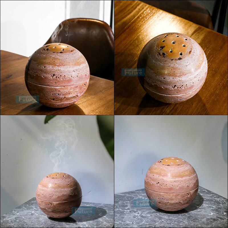 New Design Arabic Decoration Mubkhar Wood Burner Buddha Ramadan Arabian Round Ball Natural Red Travertine Incense Burner Holder