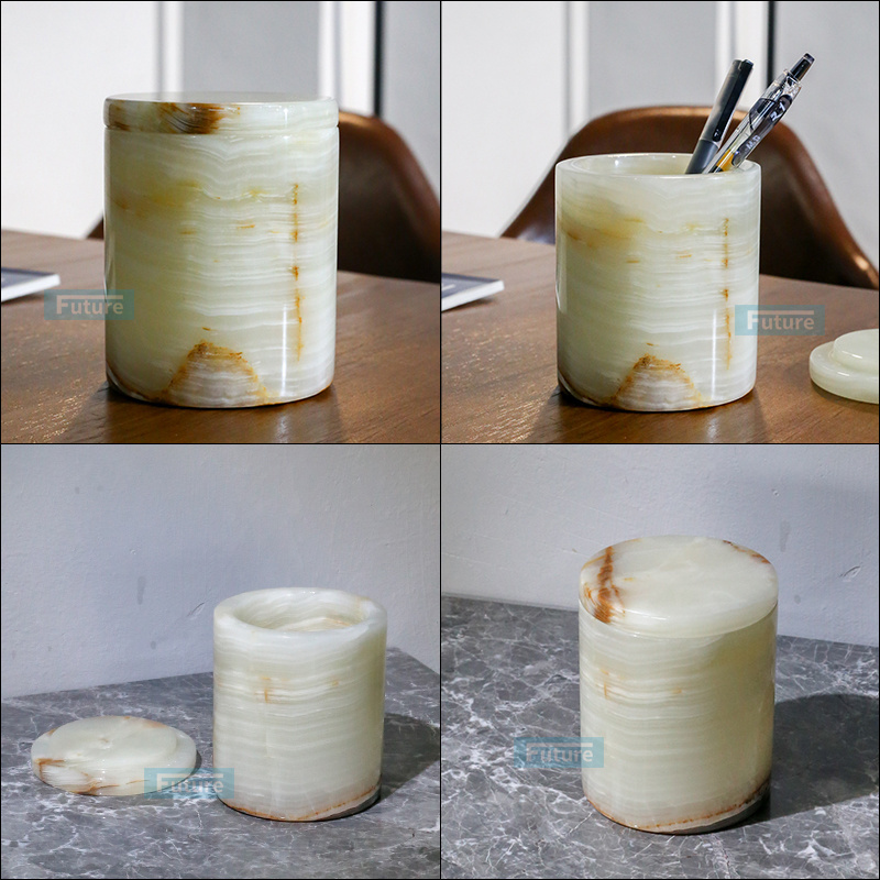 Custom luxury elegant home jade effect marble decor round bottom wholesale onyx marble candle jars with lids