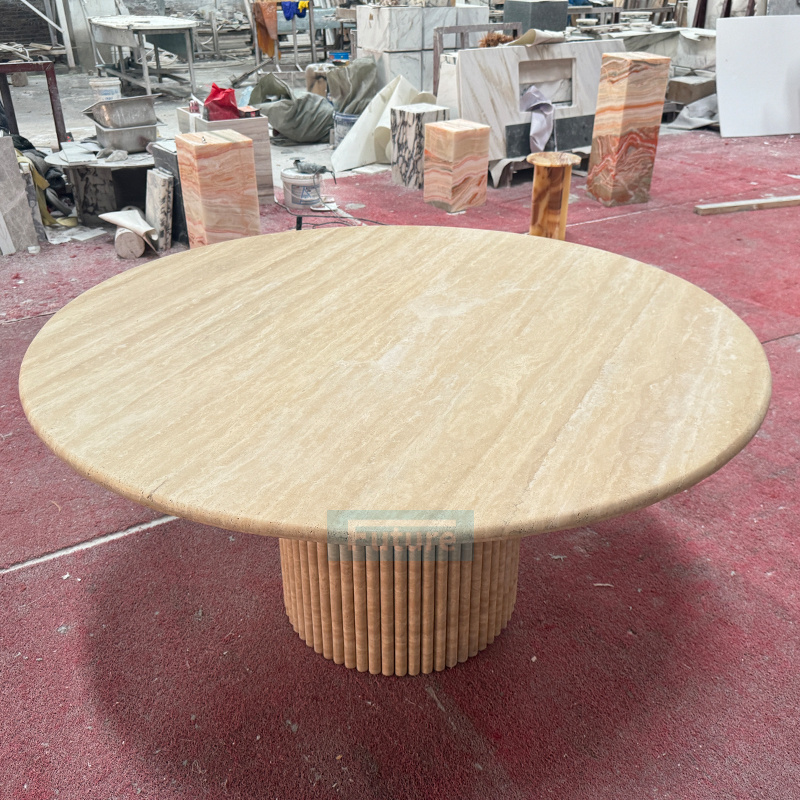 Factory custom hot multi-style luxury furniture round natural travertine dining room table for restaurants