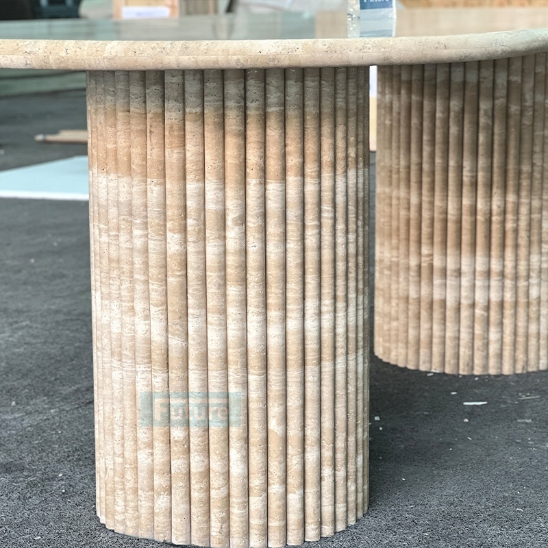 Luxury Customized Natural Beige Travertine Dining Table Stone Furniture Dining Table Fluted Oval Marble Travertine Dining Table