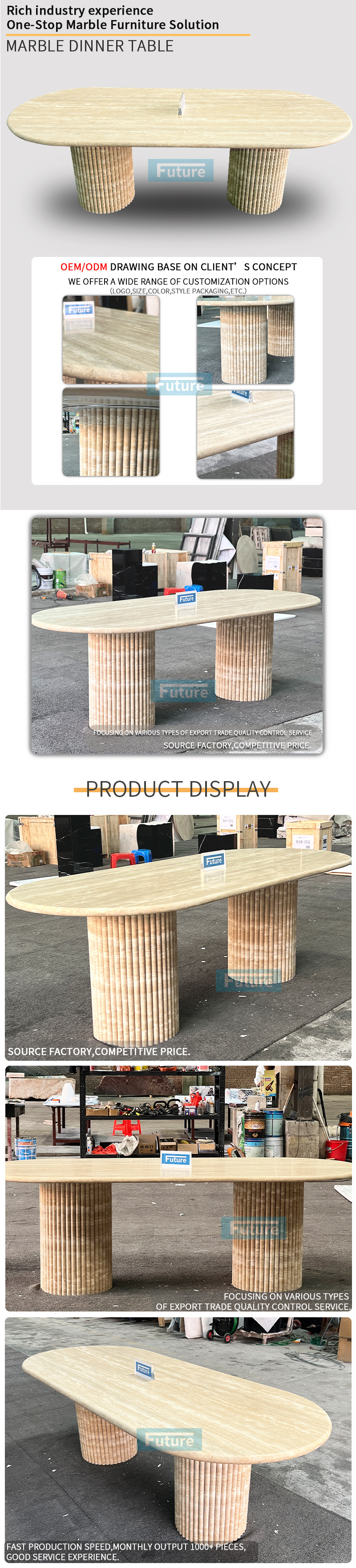 Luxury Customized Natural Beige Travertine Dining Table Stone Furniture Dining Table Fluted Oval Marble Travertine Dining Table