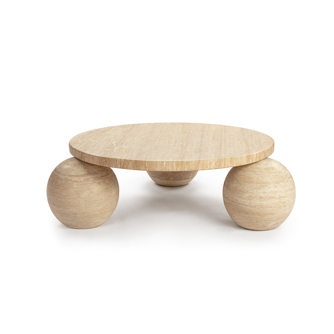 Nordic Natura Round Travertine Coffee Table with 3-Sphere Base ball coffee table