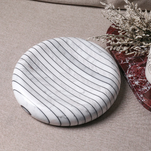 Luxury modern nordic natural splice marble home decoration striped volakas arabescine white round marble lous ring stone tray