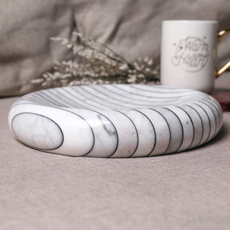 Luxury modern nordic natural splice marble home decoration striped volakas arabescine white round marble lous ring stone tray