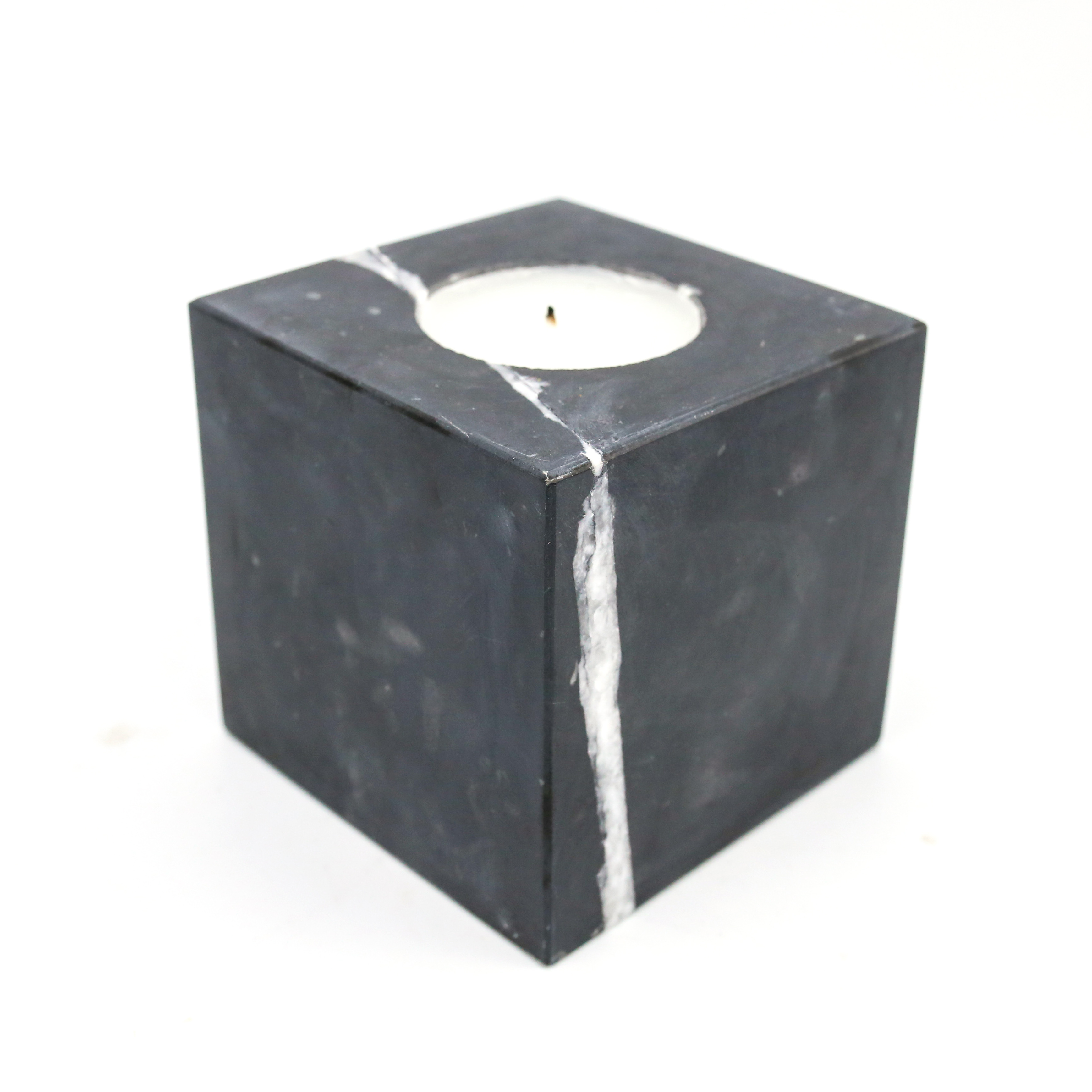 Cubic Polishing Black Natural Marble Candlestick Small Candle Holder