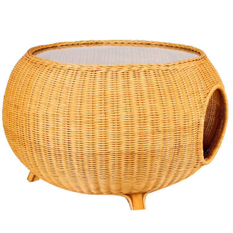 Free Sample Cute Durable Pet Bed With Cushion Breathable Hand Made Round Rattan Cosy Cat Beds