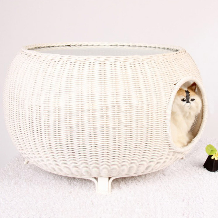 Free Sample Cute Durable Pet Bed With Cushion Breathable Hand Made Round Rattan Cosy Cat Beds