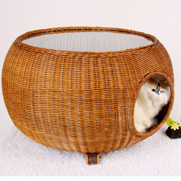 Free Sample Cute Durable Pet Bed With Cushion Breathable Hand Made Round Rattan Cosy Cat Beds