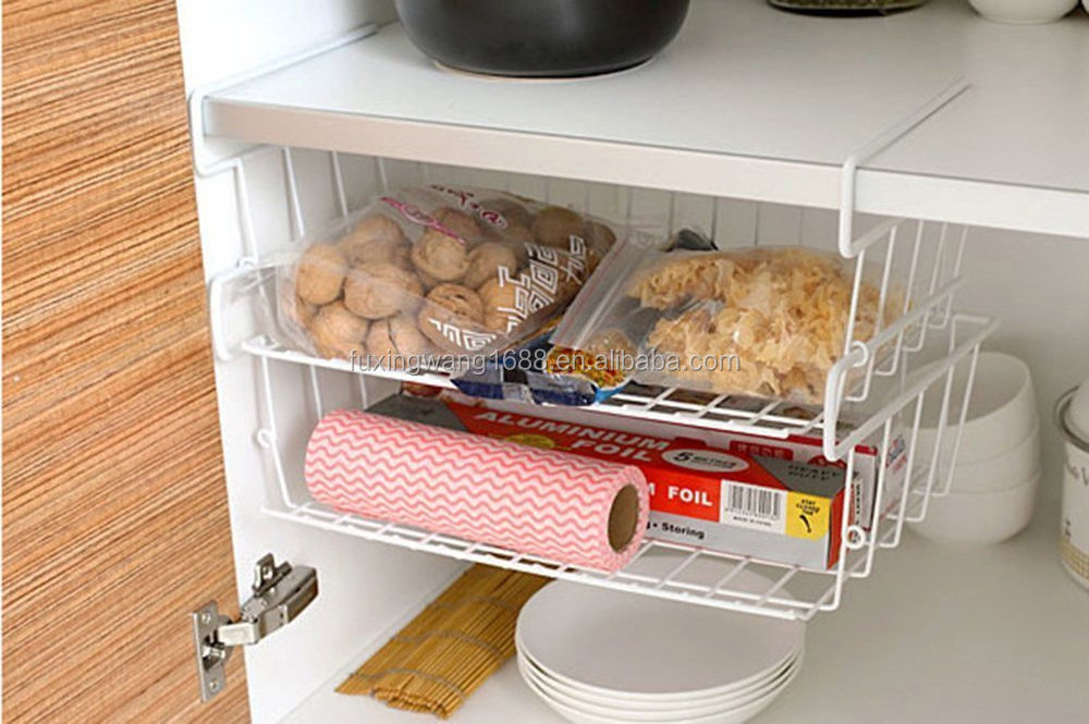 3 Tier Under Shelf Basket Wire Rack, White Wire Under Cabinet Storage Organization Basket