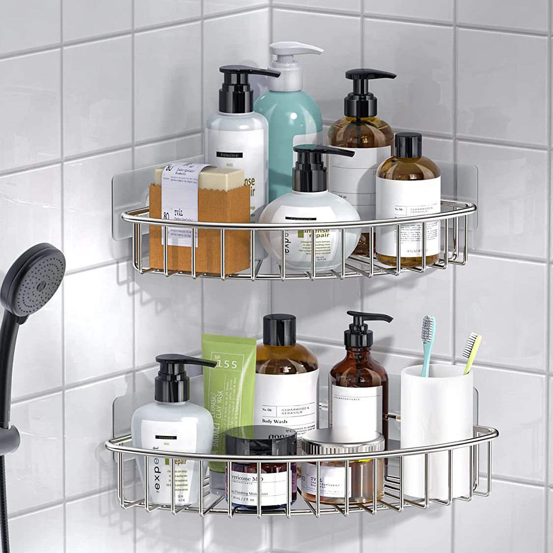 stainless steel storage corner shower caddy shelf with hooks for bathroom kitchen storage rack