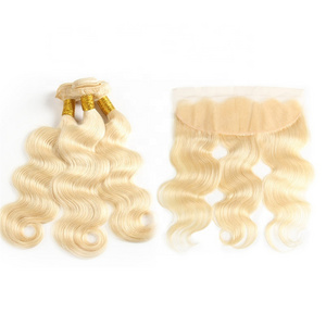 Russian free sample raw wefted human hair extensions curly lace closure 613 blonde bundles with frontal hair weave diatributors